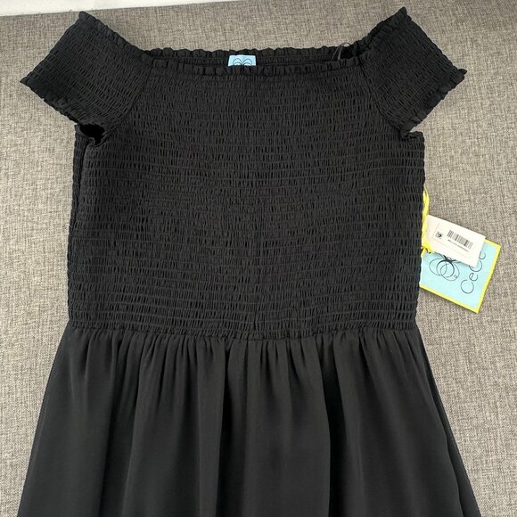 NEW Cece Off the Shoulder Dress Black Smocked Medium Lined Mesh Maxi Long Dress - Picture 3 of 13